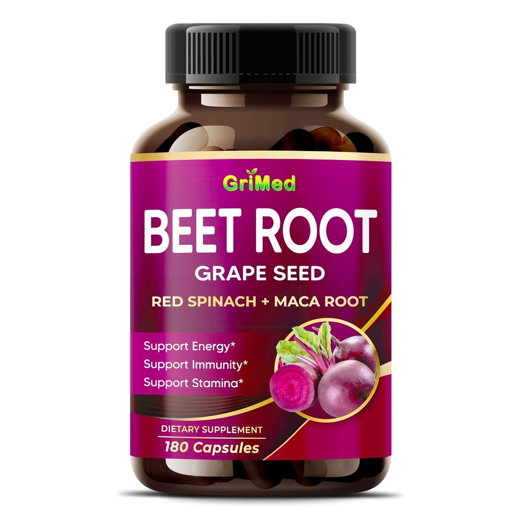 GriMed Beet Root with Grape Seed Extract, Maca Root, Red Spinach & Ashwagandha - 180 Vegetable Capsules
