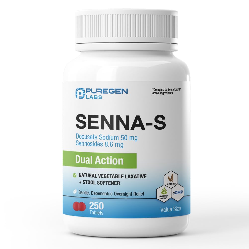 Puregen Labs Senna- S Natural Vegetable Laxative Plus Stool Softer Dual Action - 250 Tablet Senna Plus 124; Gentle Dedable Overnight Relief of Occational Constipation