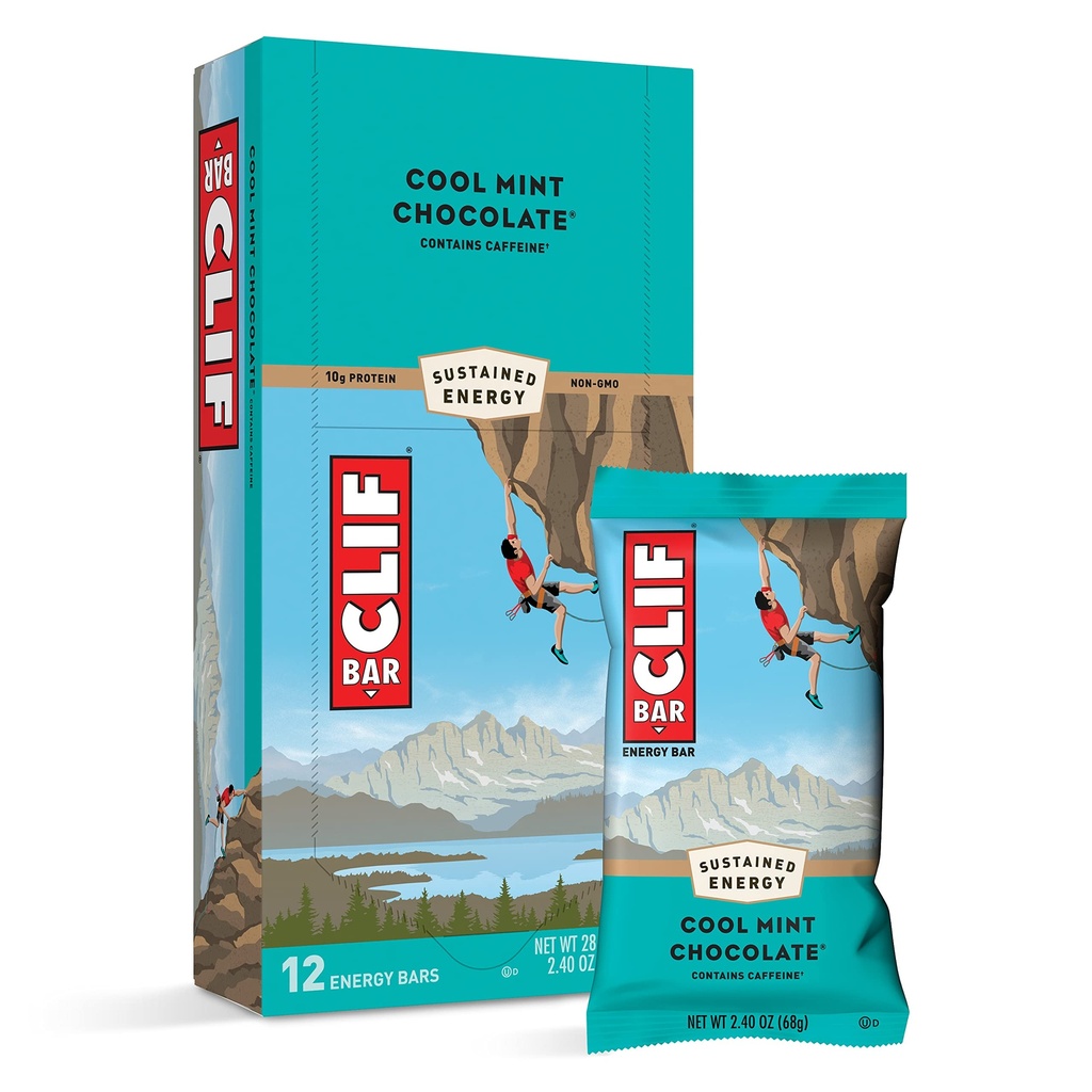 CLIF BARS - Energy Bars - Cool Mint Chocolate - With Caffeine - Made with Organic Oats - Plant Based Food - Vegetarian - Kosher (2.4 Ounce Protein Bars, 12 Count) Packing May Wary