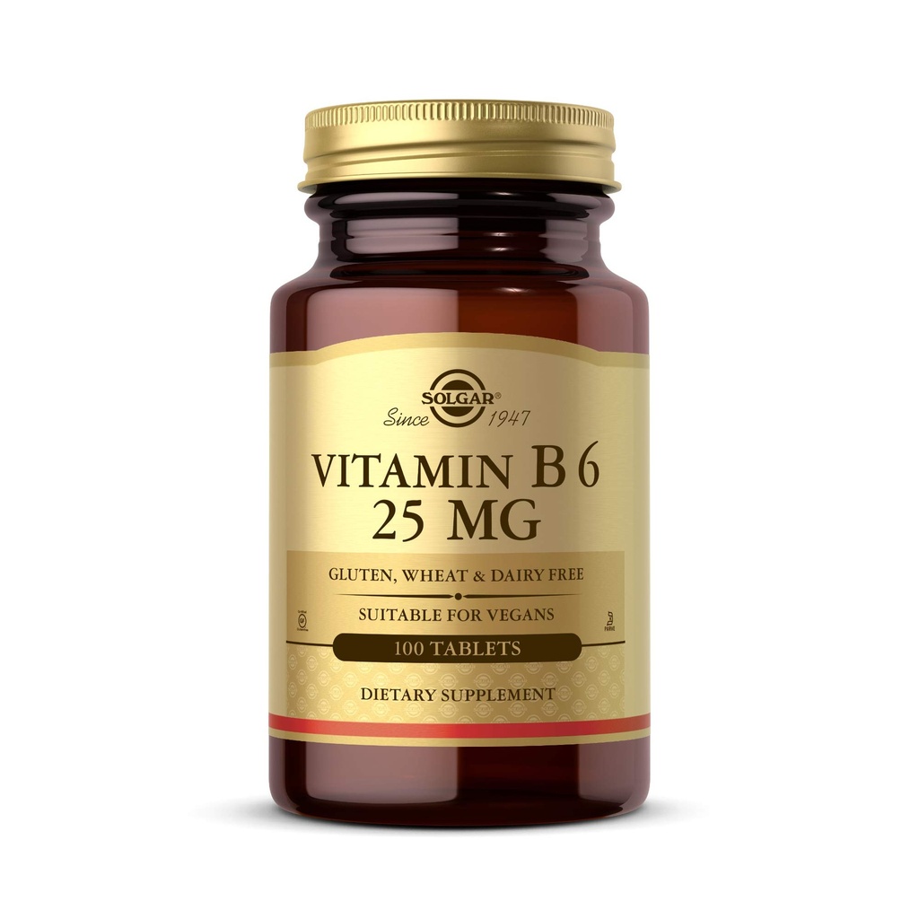 Solgar Vitamin B6 25 mg, 100 Tablet - Mendukung Energi Metabolisme, Sistem Gugup Jantung & Kesehatan - Tambahan Kompleks B - Vegan, Gluten Free, Dairy Free, Kosher - 100 Servings