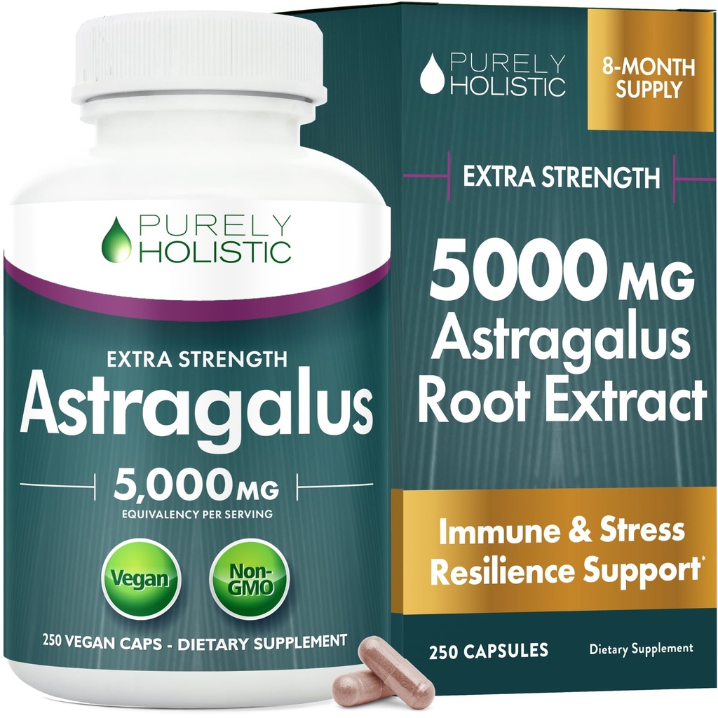 Astragalus Capsules 5.000 mg - 250 Capsules, 8 + Bulan Superior Kekuatan Astragallus Root Extract 20: 1 - Non GMO, Vegetarian & Vegan - Mendukung Sistem Immune & Cardiovaskular