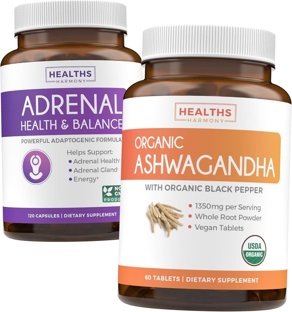 Adrenal & Ashwagandha (1 - Bulan Supply) Tenang & Energize Bundle - Dukungan Adrenal dengan L- Tyrosine (120 Capsules) & USDA Organik Ashwagandha 1350mg Ashwaganda Root Powder per Serve (60 Capsules)