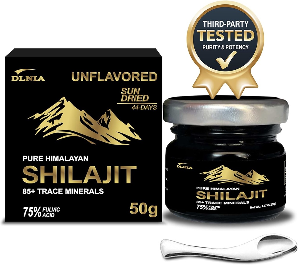 Autentik Shilajit Murni Himalaya Organik Shilajit Suplemen Resin Emas + Tingkat dengan 85 + Trace Minerals dengan 75% Fulvic Acid, Overall Energy & Ammune Dukung, Murni Shilajit untuk Pria & Women, 50g