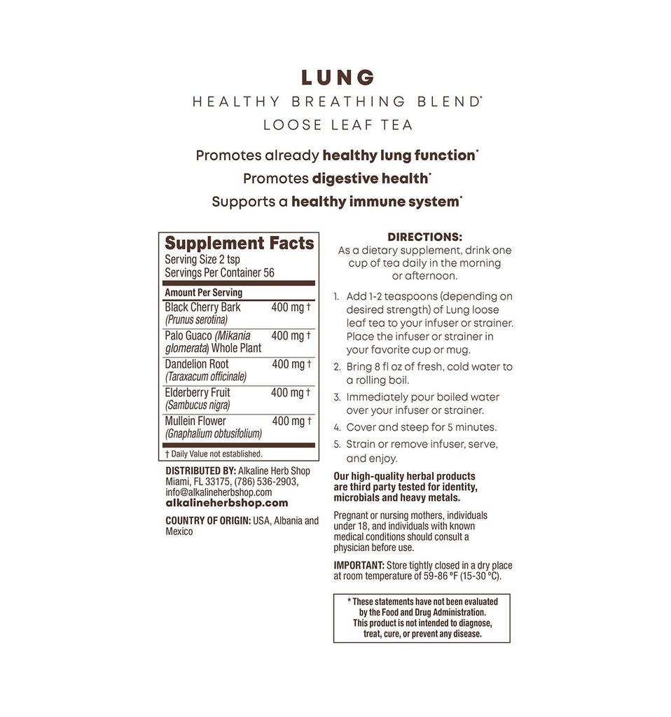 Toko Alkaline Herb - Happy Lung Tea Suplemen - Made With Natural Wildmade Herbs - Mullein, Elderberry, Dandelion, Wild Cherry Bark. & Guaco - Vegan - Gluten- Free - 4 Oz Loose Herbal Tea