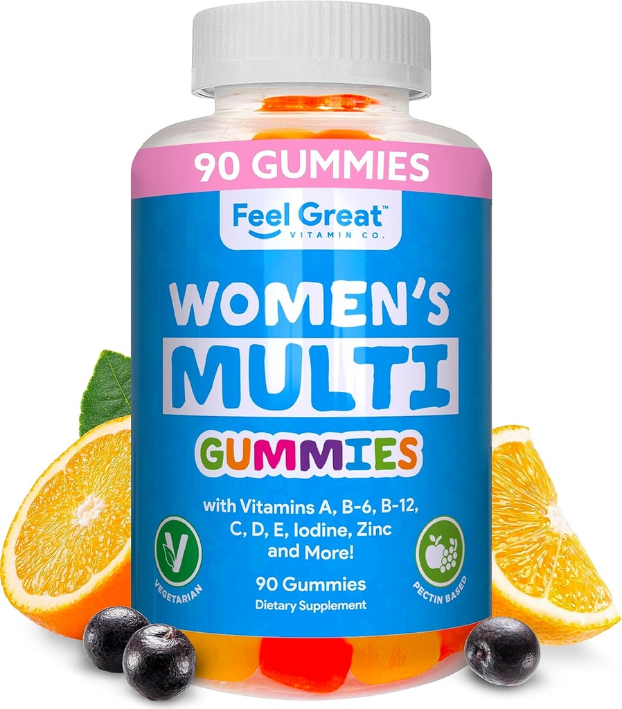 Multivitamin Gummy for Women by Feel Great Vitamin Co 124; Multi Chewable Gummy Suplement with Vitamin A, B-6, B-12, C, D, E, Biotin, Choline, Folic Acid, Zinc & More