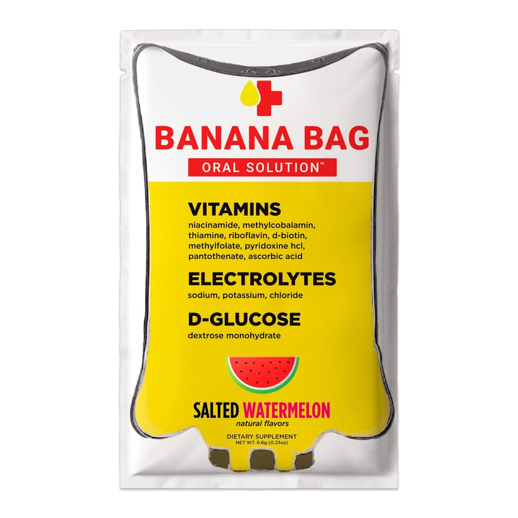 Paket Solusi Banana Bag Oral - Salted Watermelon 15pk 124; A Refreshing Blend of Electrolites, Vitamin C, dan B- Complex for Hidration and Energy. Nyaman, Easy- to- Mix, dan Sempurna untuk Penggunaan harian.