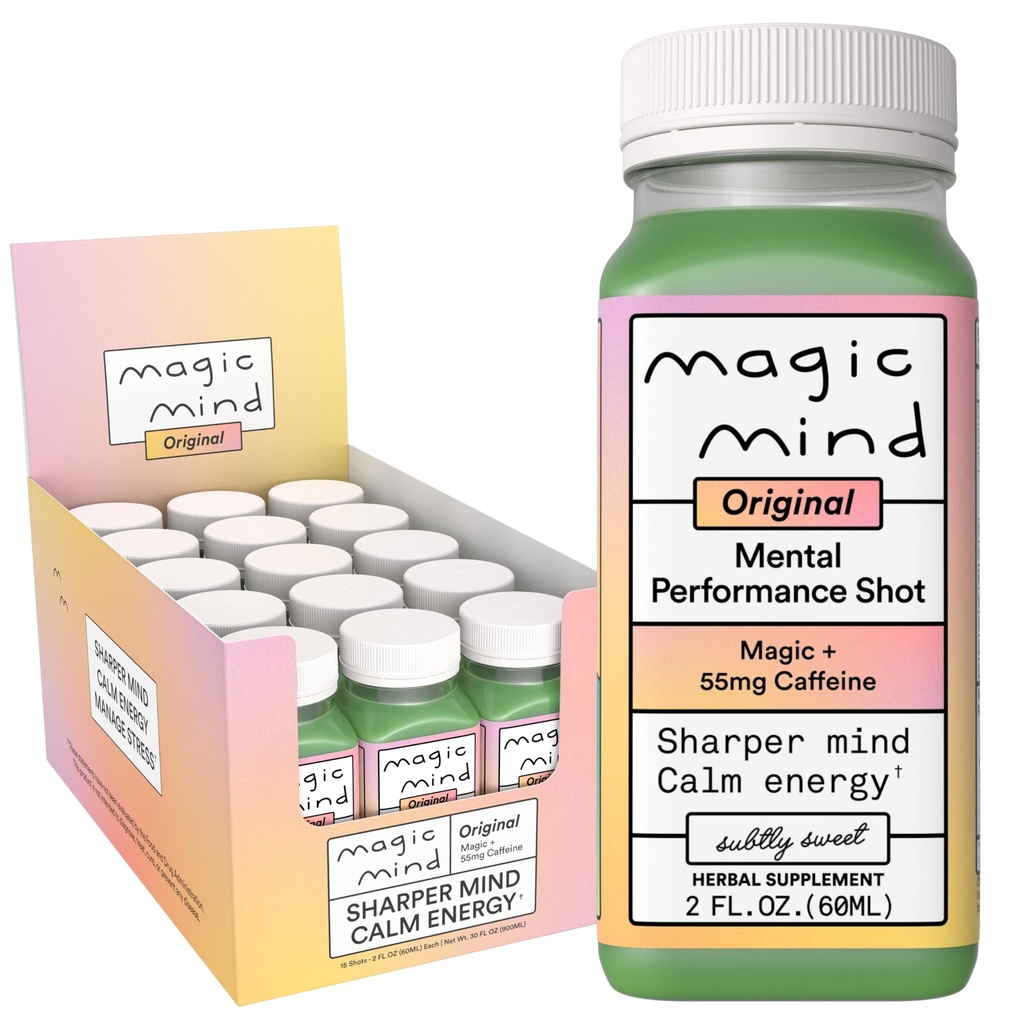 Magic Mind Energy And Focus Shots - Stress Relieving, No Jitters, Ashwagandha, Vitamin B12, Vitamin C, Matcha Green Tea, Jamur Functional - 2 FL Oz (15 Pack)