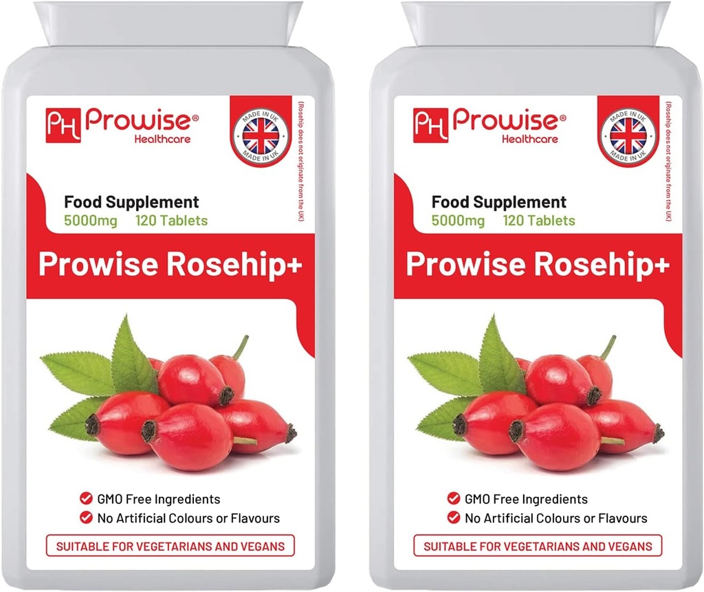 Rosehip Health + (Pack of 2) 5000mg 120 Tablets - UK Manufaktur GMP Dijamin Kualitas - Cocok untuk Vegetars & Vegan oleh Layanan Kesehatan Prowise