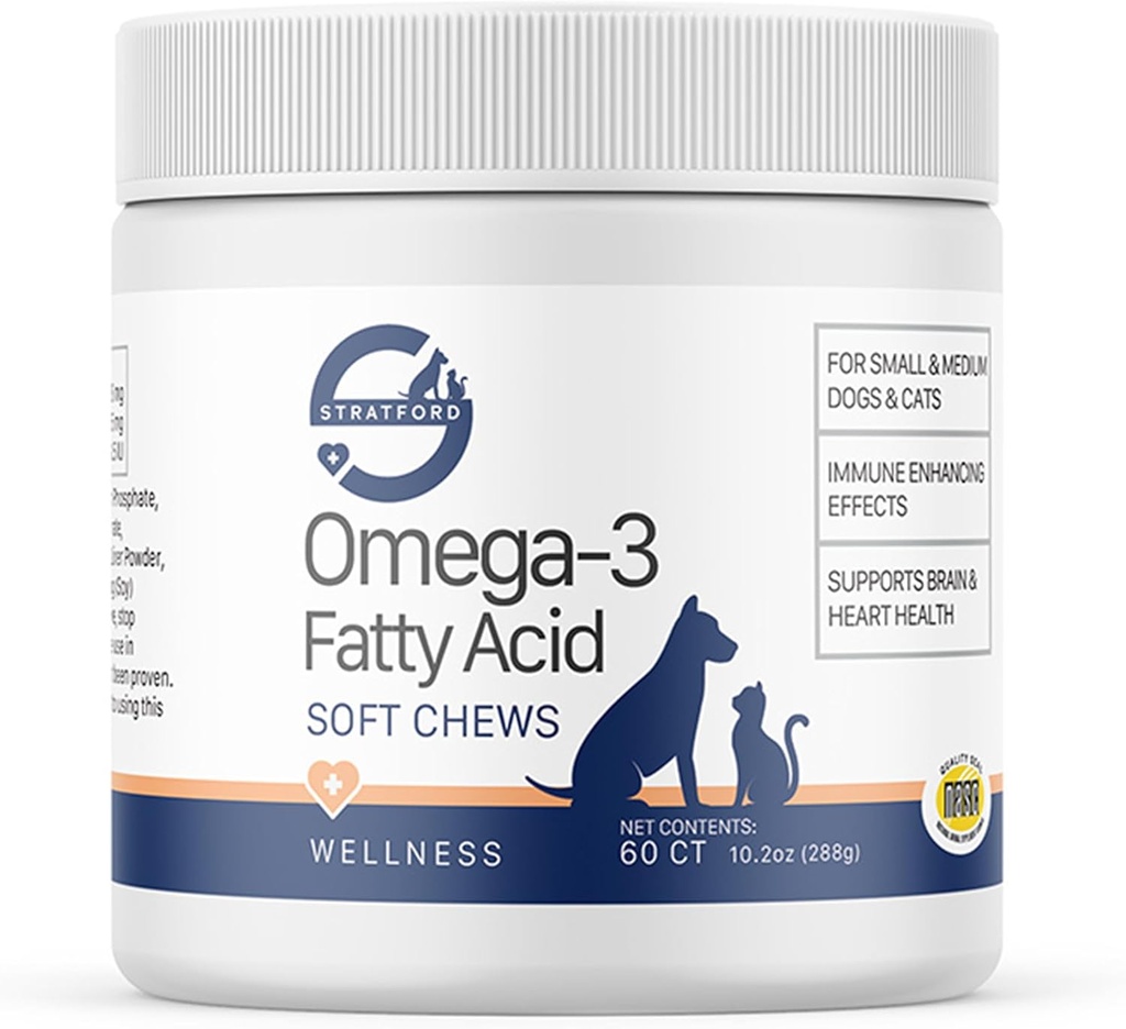 Pharmaceuticals Stratford EZ Chew Omega 3 Fatty Acid Chew Max Power - Dog Omega 3 Supplement - Soft Chew Treats with Fish Oil for Dogs - Kecil dan Medium Dogs - 60 Soft Chews