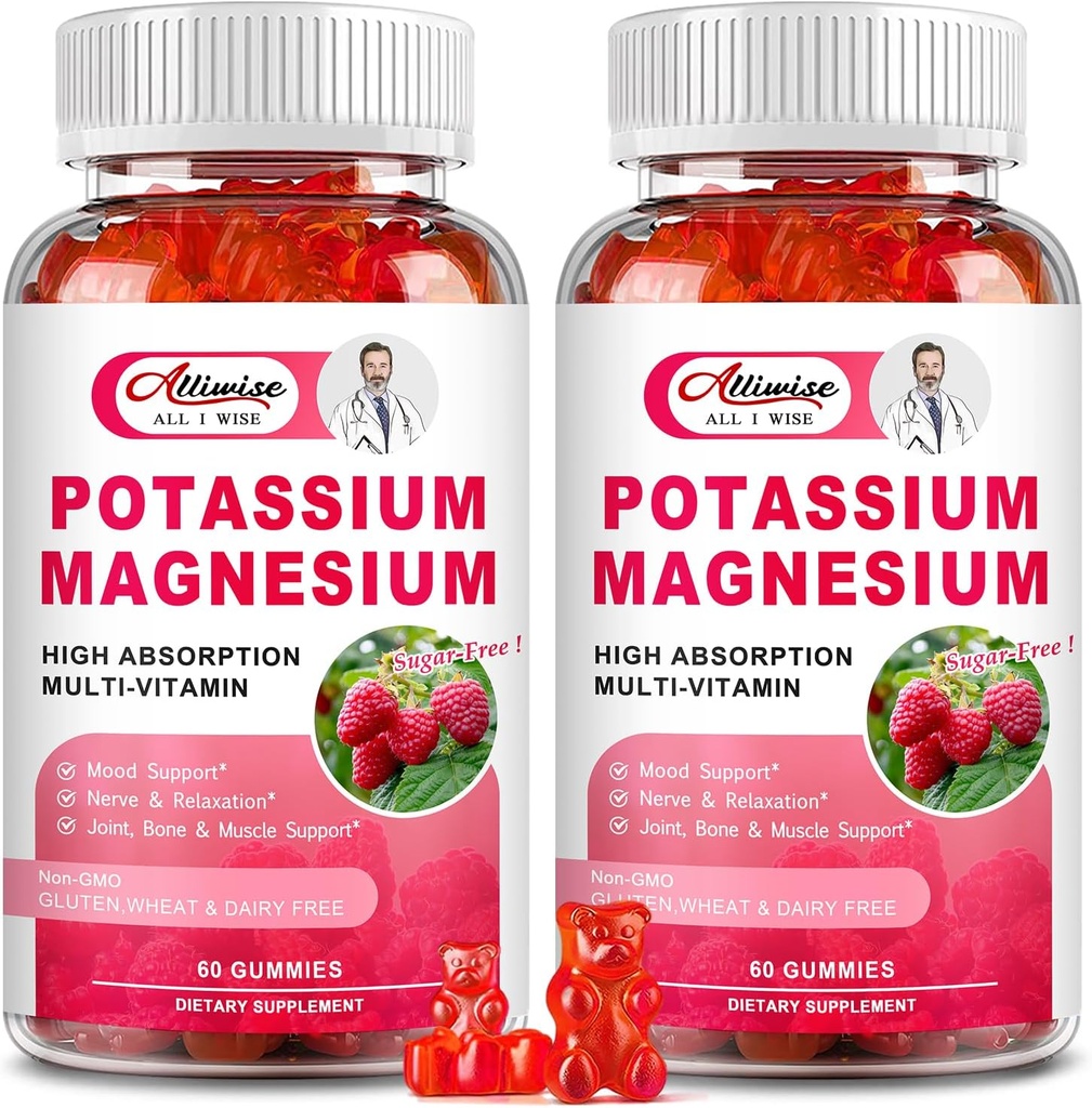 2 Pack Potasium Magnesium Suplemen Gummies - Potasium Citrate & Magnesium Glycinate for Leg Cramps & Muscle, Mood & Relaxation, Dukungan Energi dengan Vitamin B6, D3, C Raspberry Flavor
