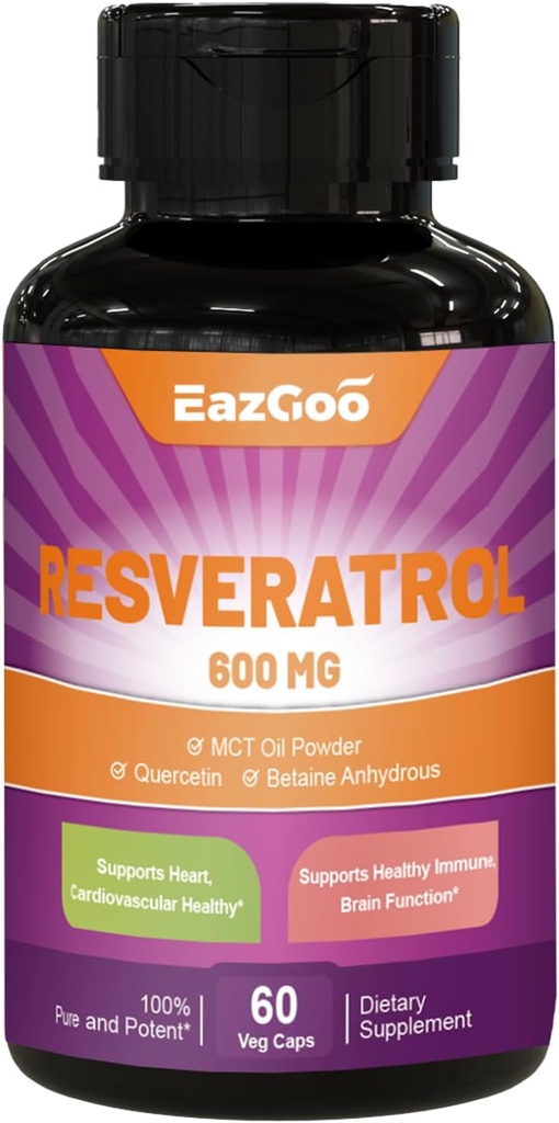 Resveratrol 600 mg, Trans- Resveratrol Supplement, Antioksidant Health Aging Support, 60 Capsules