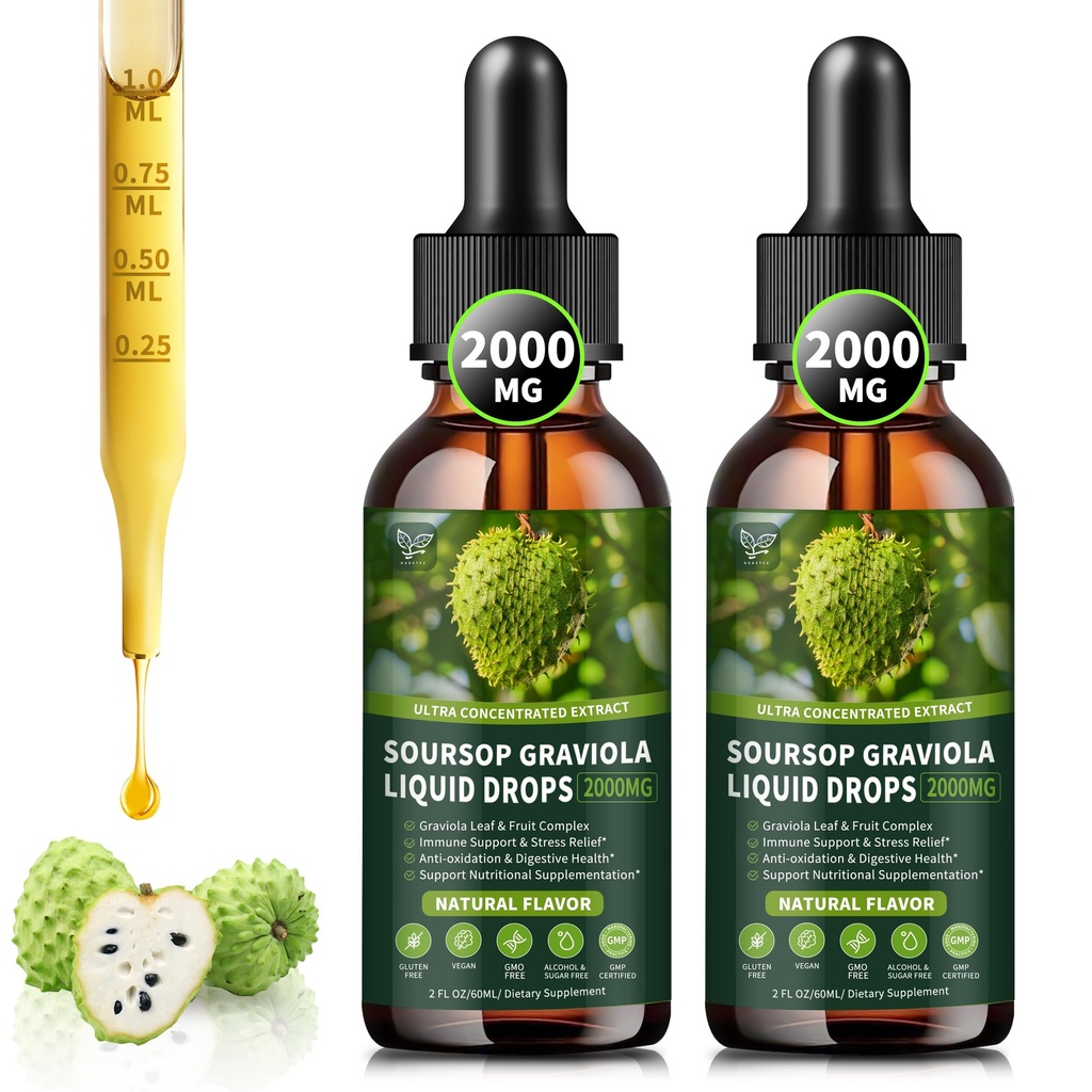(2 Paket) Soursop Graviola Liquid Drops 2000mg, 98% Absorpsi untuk Dukungan Sel & Regenerasi, Ammune Boost, Liver, Herbal Kebaikan, Soursop Bitquid- Sugar / Gluten Bebas, Natural Flavor, 4 Fl Oz