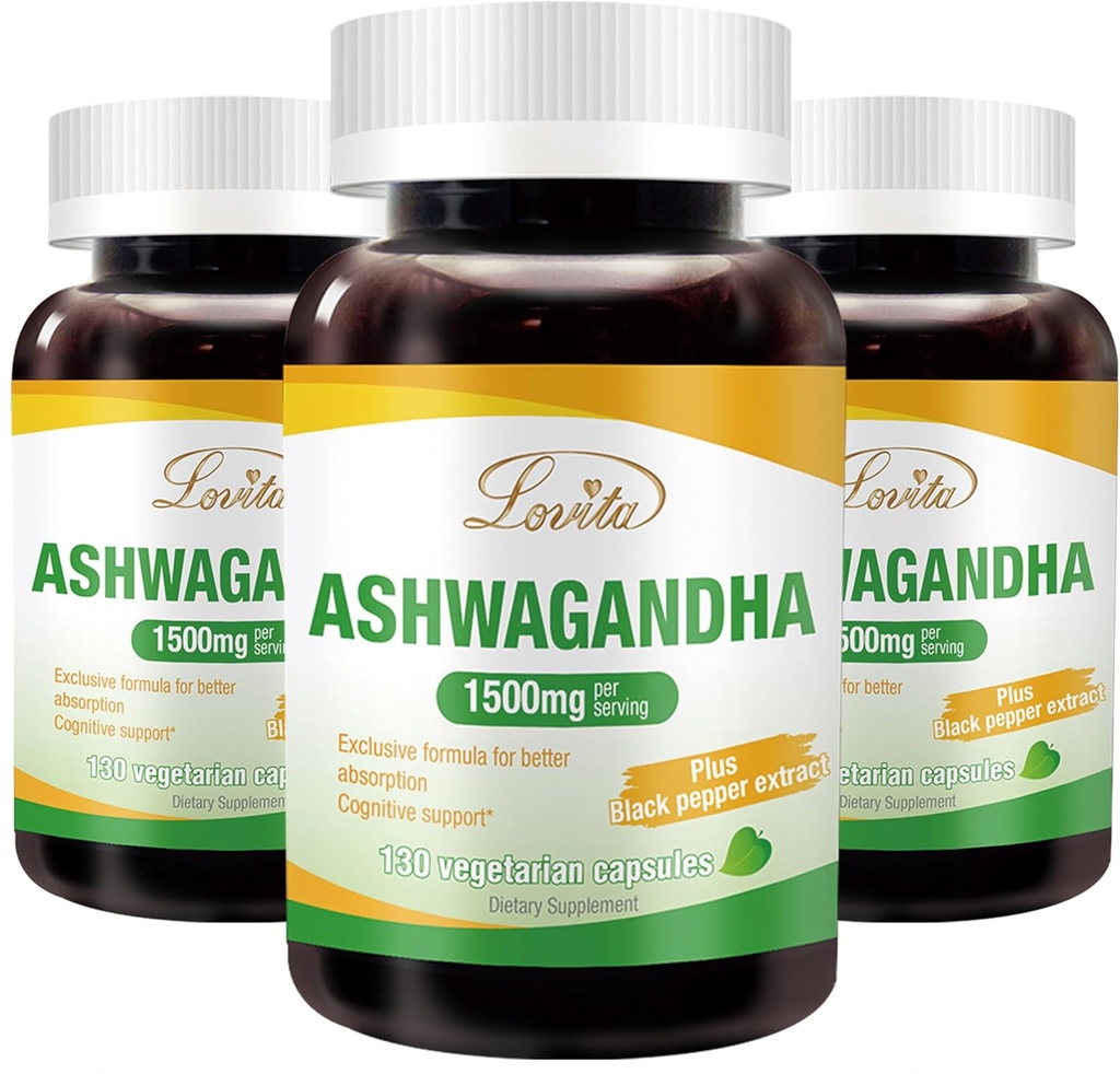 Lovita KSM-66 Ashwagandha 124; Sangat berpusat 124; 5% dengan Thetanolide 124; 95% Black Pepper Piperine 124; Stress Relief & Energy Support 124; Vegan, Gluten Free 124; 130 Capsules (Paket 3)