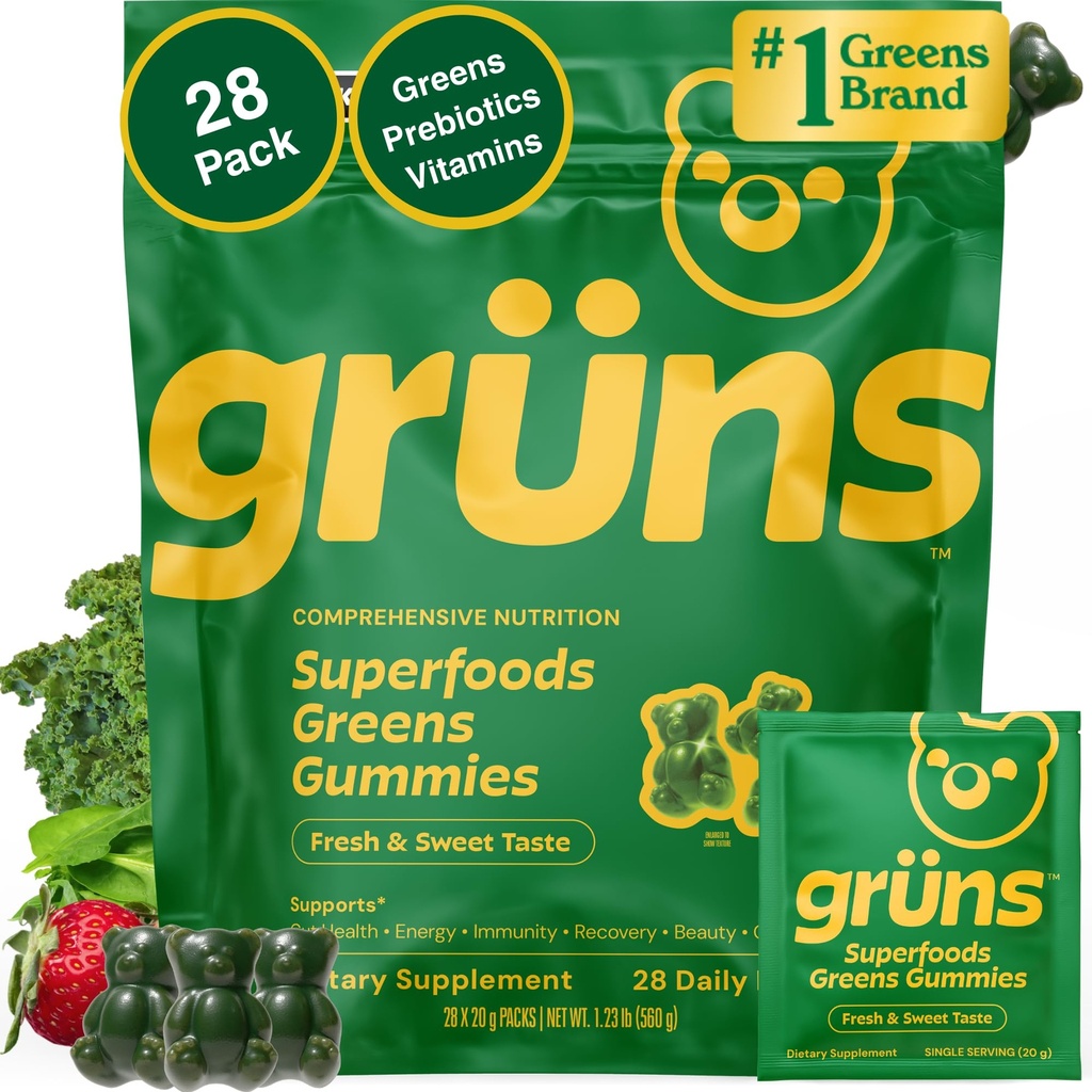 Gruns Adult Super Greens Multivitamin Gummies, Superfood Gummy Vitamin for Women and Men with Spirulina, Chlorella, Adaptogens & Prebiotic Fiber for Digetical Health (28 Count)