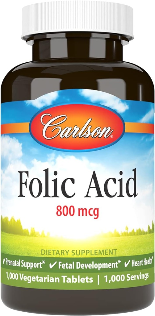 Carlson - Folic Acid, 800 mcg, Menyediakan Pendukung Prenatal Penting, 1000 tablet