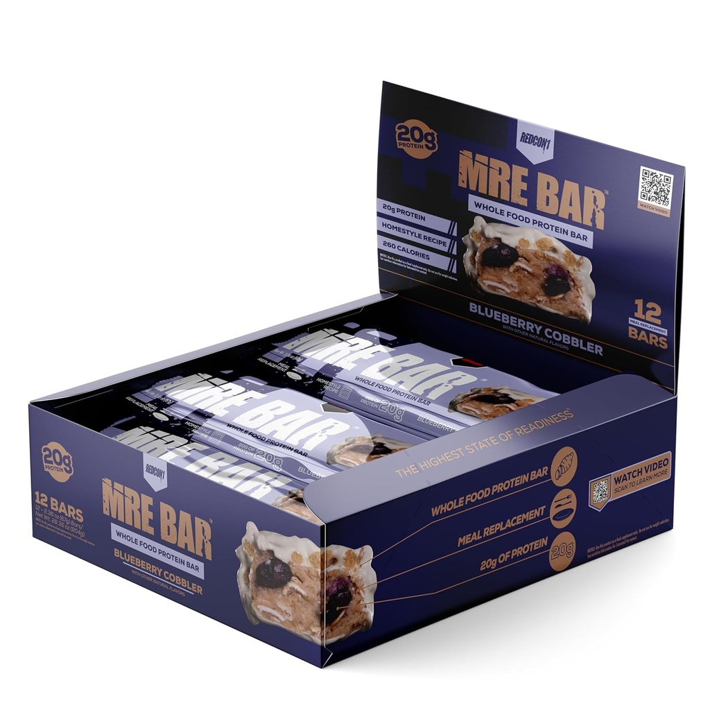 Protein REDCON1 MRE Bar, Blueberry Cobbler - Berisi MCT Oil + 20g dari Whole Food Protein - Mudah Diperoleh, Macro Balanced Low Sugar Replacement Bar (12 Bars)
