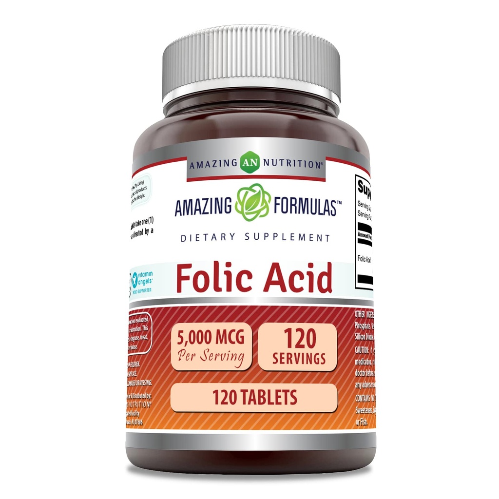 Amazing Formulas Folic Acid (Vitamin B9) Suplemen 124; 5000 Mcg per Serving 124; 120 Tablet 126; Non-GMO 124; Gluten-Free Alag4; Dibuat di AS