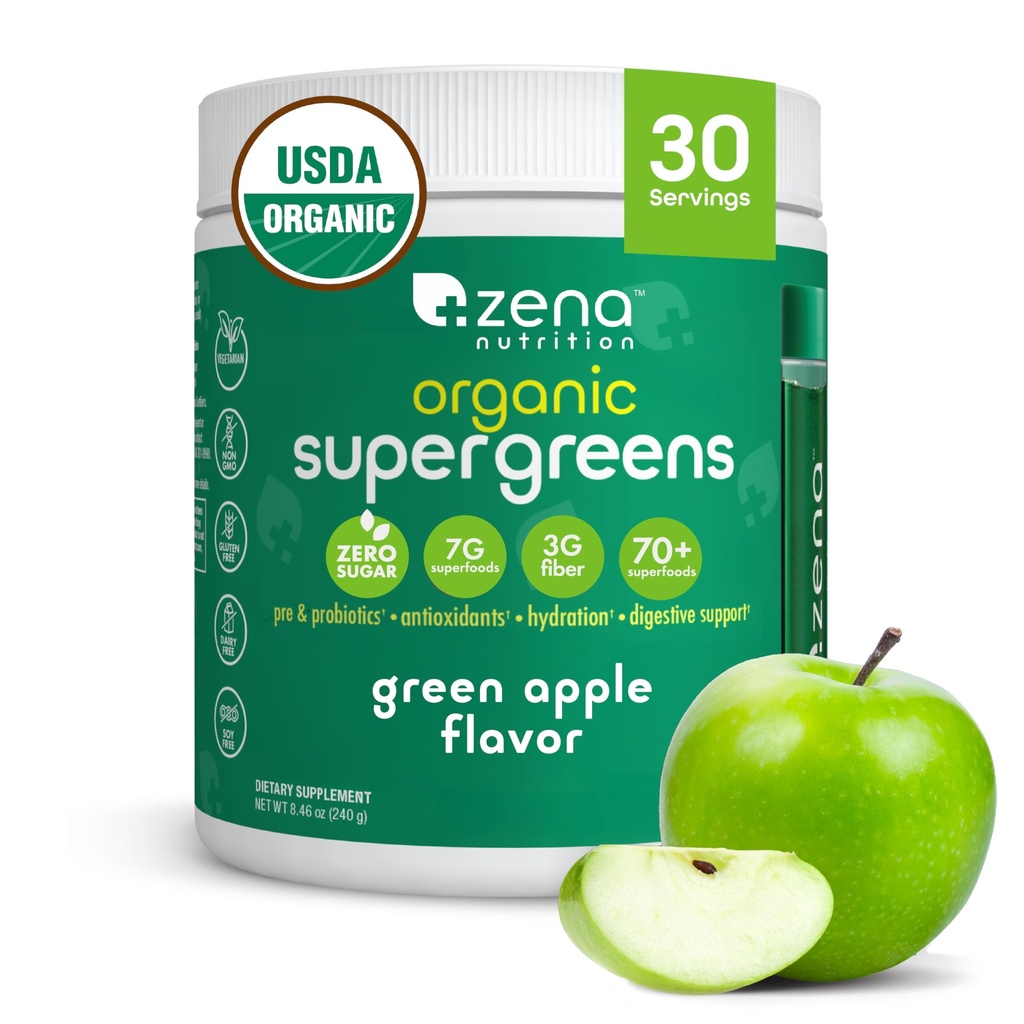 Zena Nutrition Organic Super Greens Powder, 70 + Superfood, 0 Sugar, 3G Fiber, Spirulina, Chlorella, Mushrooms, Pregnance / Progories, Digeptical Enzimes for Gut Health, Green Apple, 30 Pegawai