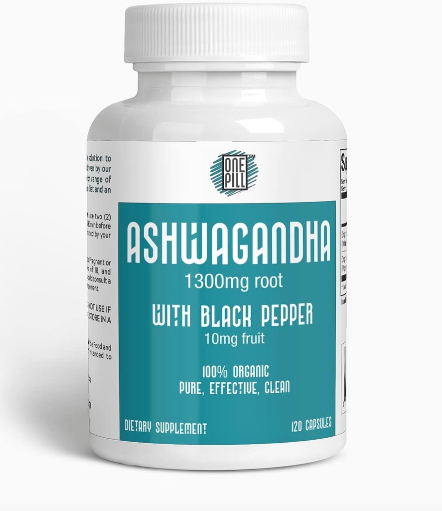 AshwagandHA 1300 mg Root Organik dengan Black Pepper. Natural Stress dan Mood Supplemen 120 Kapsul