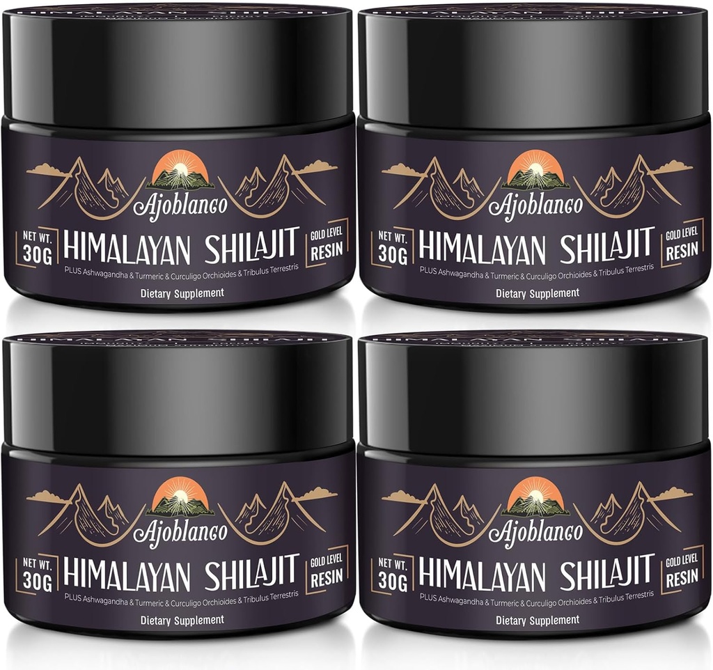 Ajoblanco 600mg Alam Himalaya Shilajit Shilajit Resin - Himalaya Gold Shilajit Resin dengan Organic Ayurvedic Blend di Tinggi Potensi untuk Energi, Kekuatan & Kebal, Paket 4