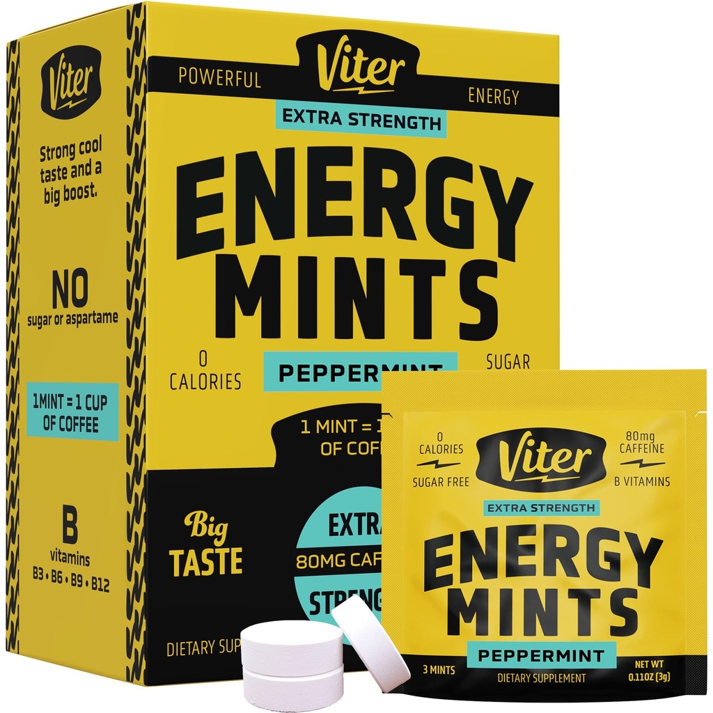 Viter Energy Caffeine Mints 80mg Ekstra Kekuatan - 90 Pieces Caffeinated dengan B Vitamin. Sugar Free Vegan Breath Mint.