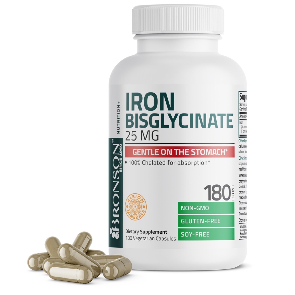Bronson Iron Bisglycinate 25 mg Gentle on The Stomach, Support Energy & Healthy Red Blood Cell Production - Non-Constipating Formula - Non GMO, 180 Vegetarian Capsules