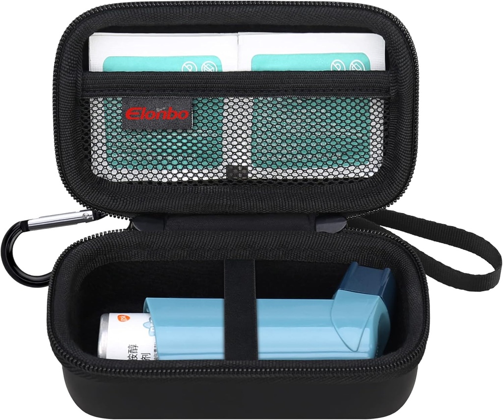 Elonbo Asthma Inhaler Carrying Case, Travel Organize Holder Bag for Ventolin Inhaler, Extra Interior Mesh Pocket Fits Asthma Mediction, Black + Inside Black (CASONLY! Inhaler Medicine Not Included)