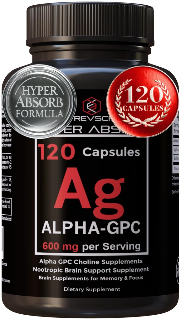 Tambahan GPC Alpha & BioPerine untuk Absorpsi Hyper - 120 Count, Alpha- GPC 600mg per Serving - Nootropics for Memory, Focus, Energy, & Drive - Choline Suplemen Boost Acetylcholcol, Dibuat di USA