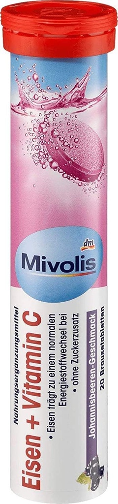 Mivolis Iron + Vitamin C effervescent Tablets - Dietary Suplemen 1 Paket x 20 pcs = 124; Jerman