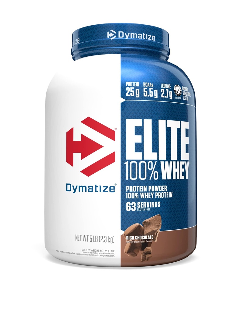 dymatize Elite 100% Powder Whey Protein, 25g Protein, 5.5g BCAAs & 2.7 L-Leucine, Quick Absorbing & Fast Digesting for Optimal Muscle Recoding, Rich Chocolate, 5 Pound (63 Pelayan)