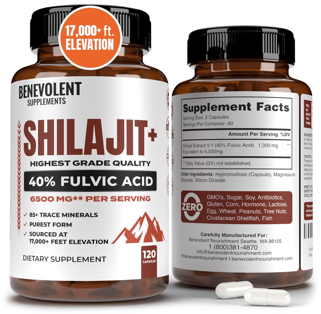 Suplemen 6.500mg Shilajit dengan 40% Acid Fulvic (Acid Tinggi (Penyerangan Tinggi): Suplemen Mineral Shilajit dengan 85 + Trace Mineces for Energy, Performance & Immune Health - 120 Kapsul