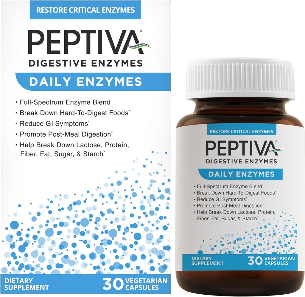 Peptiva Daily Digetical Enzymes, Full-Spectrum, Daily Digetical Health, Supports Break- Down of Foods & Post- Meal Ditraffic, 30ct
