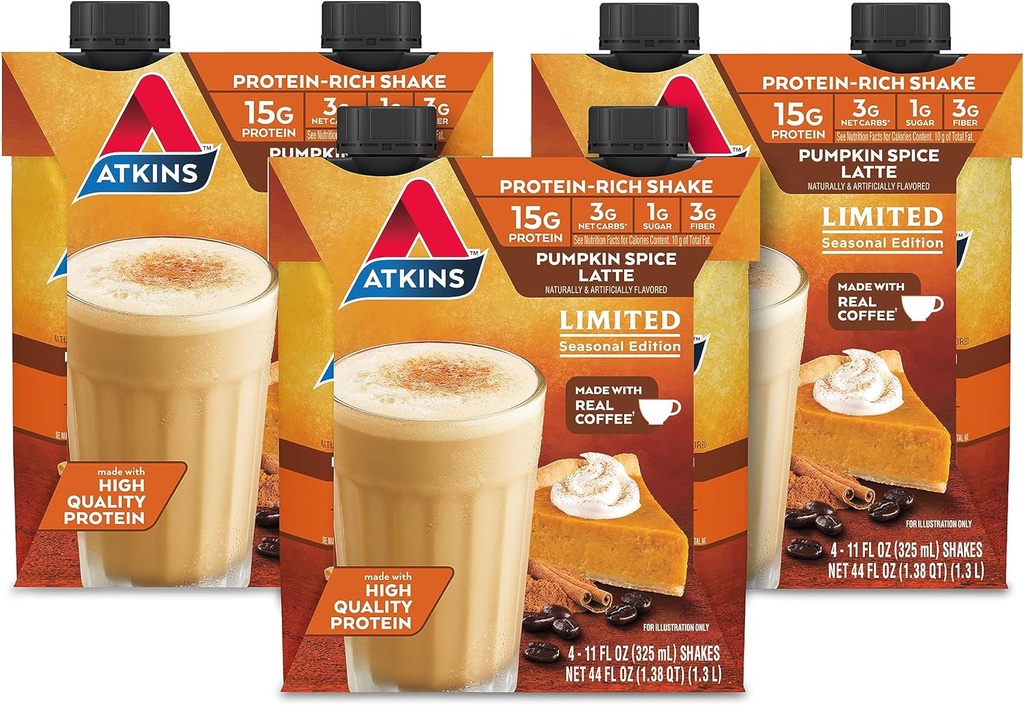 Atkins Labu Spice Latte, 15g Protein, 3g Net Carbs, 1g Sugar, Low Glycemic, Keto Friendly, 12 Count