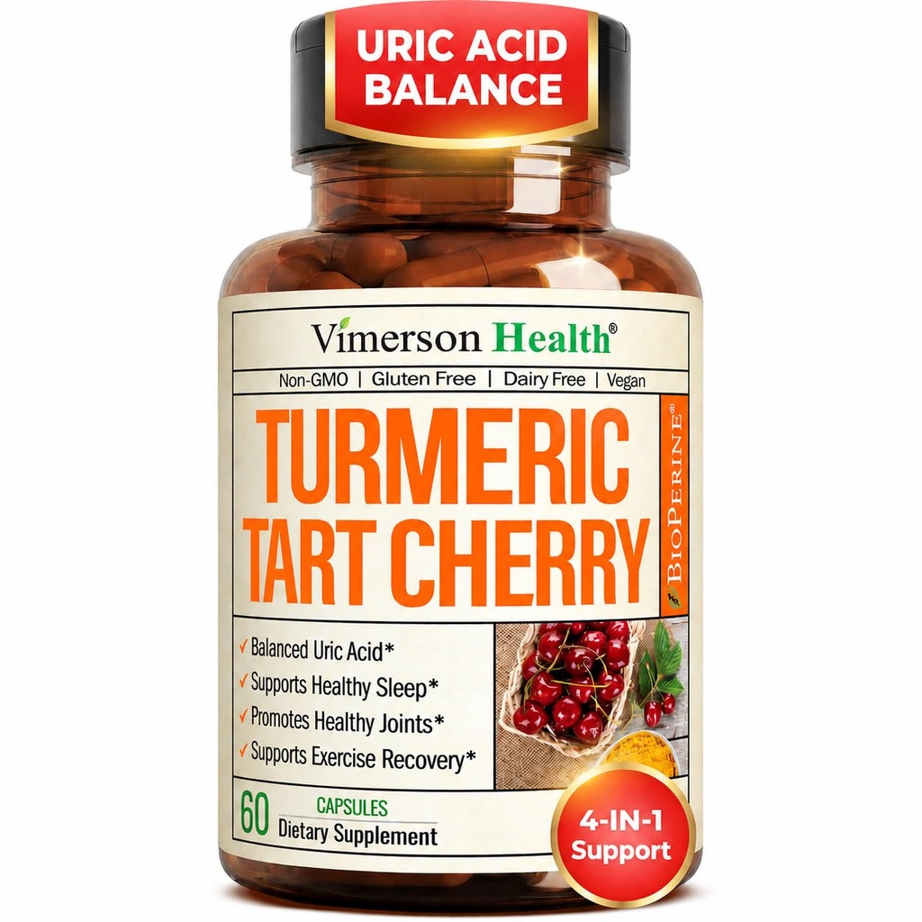 Suplemen Curcumin Turmeric dengan 10: 1 Tat Cherry Extract & Celery Seed Extract - Keseimbangan Uric Natural, Kesehatan Gabungan & Sleep Aid - Kurcumin Turmeric dengan Black Pepper. 60 Tart Cherry Capsules