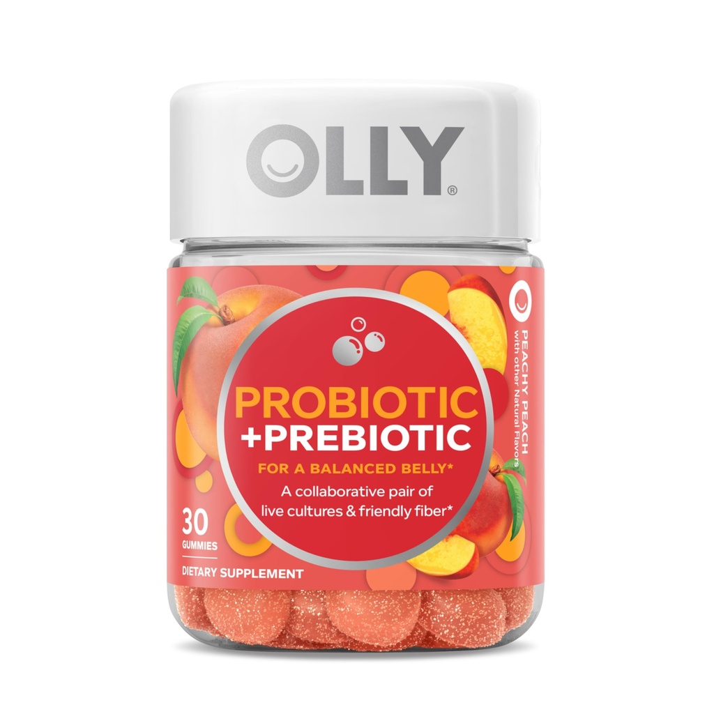 OLLY Probiotic + Prebiotic Gummy, 500 Juta CFUs, FOS, Suplemen Dewasa untuk Pria dan Wanita, Peach Flavored, 30 Hari Suppply - 30 Count
