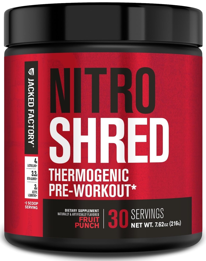 Jacked Factory NITROSURGE Shred Pre Workout Suplemen - Energy Booster, Instant Strength Gains, Sharp Focus, Powerful Pumps - Nitric Oxide Booster & PreWorkout Quoder - 30Sv, Fruit Punch