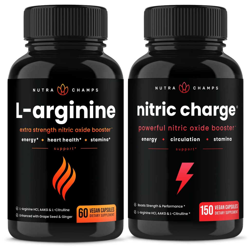 NutraChamps L- Arginine Capsules dan Nitric Charge Capsules 2 Pack Bundle
