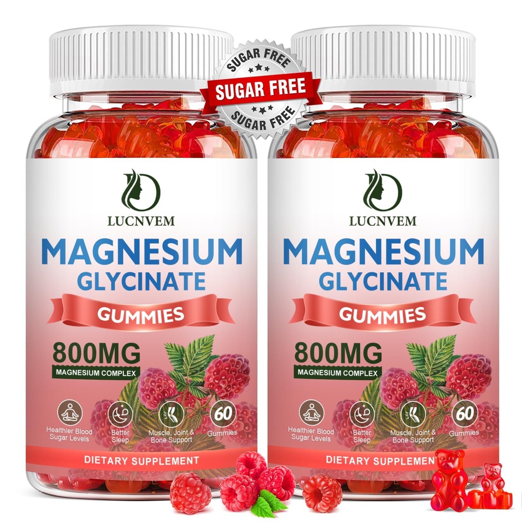 (2 Pack Sugar Free Magnesium Glycinate Gummies, 500mg Magnesium Glycinate dengan 200mg Magnesium Malate, Tachat, Oxide, COQ10, Vitamin B6 dan D3, Sleep & Tenang, 120 Raspberry Gummies