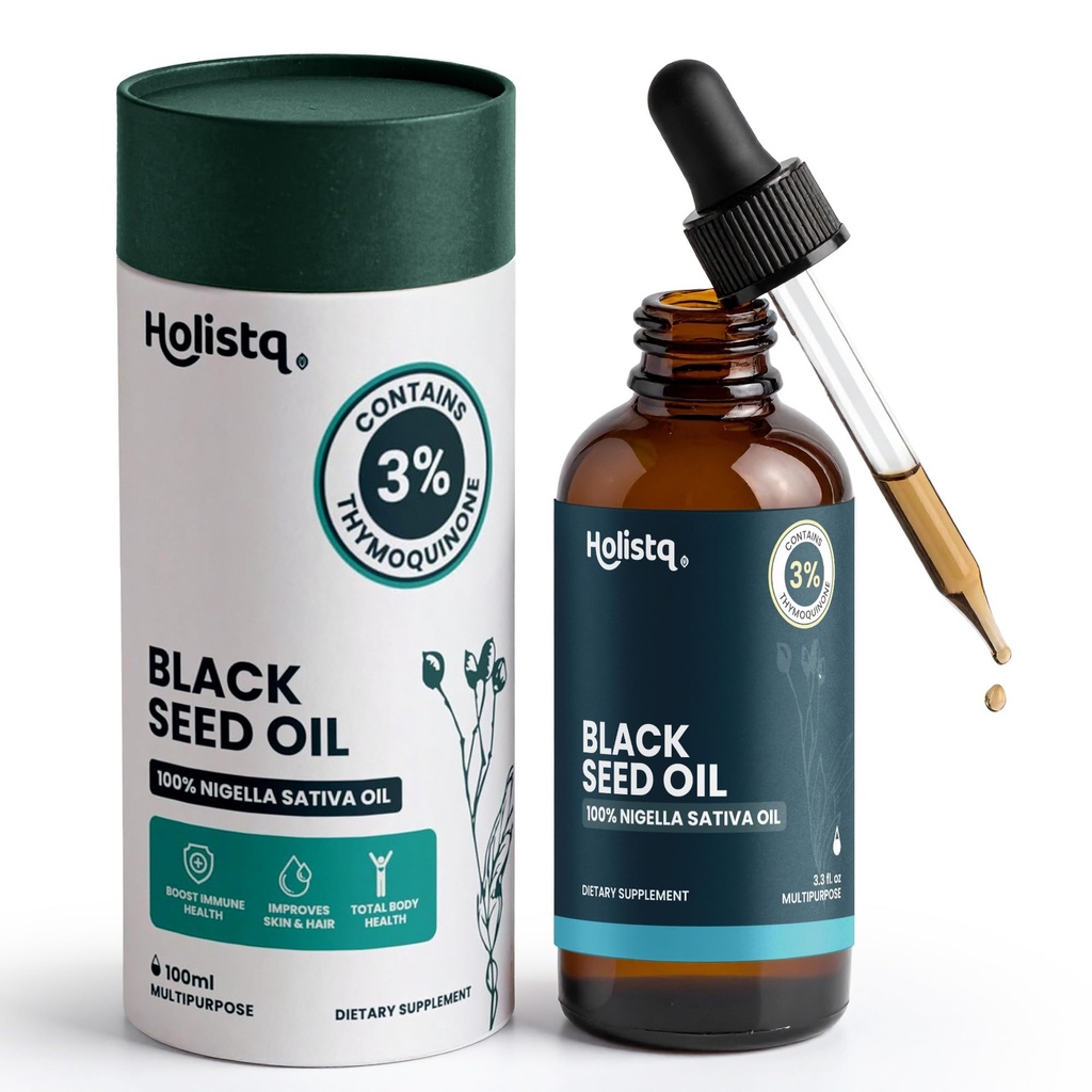 Holistiq Black Seed Oil Organic Cold Menekan Tetes Nigel Sativa 124; 3% Thymoquinone 14; Non-GMO & Vegan & Vegan; Cold Menekan Hitam Cumin Sativa Oil untuk Dukungan Imune, Aceite de Comino Negro - Drops, 100 mL