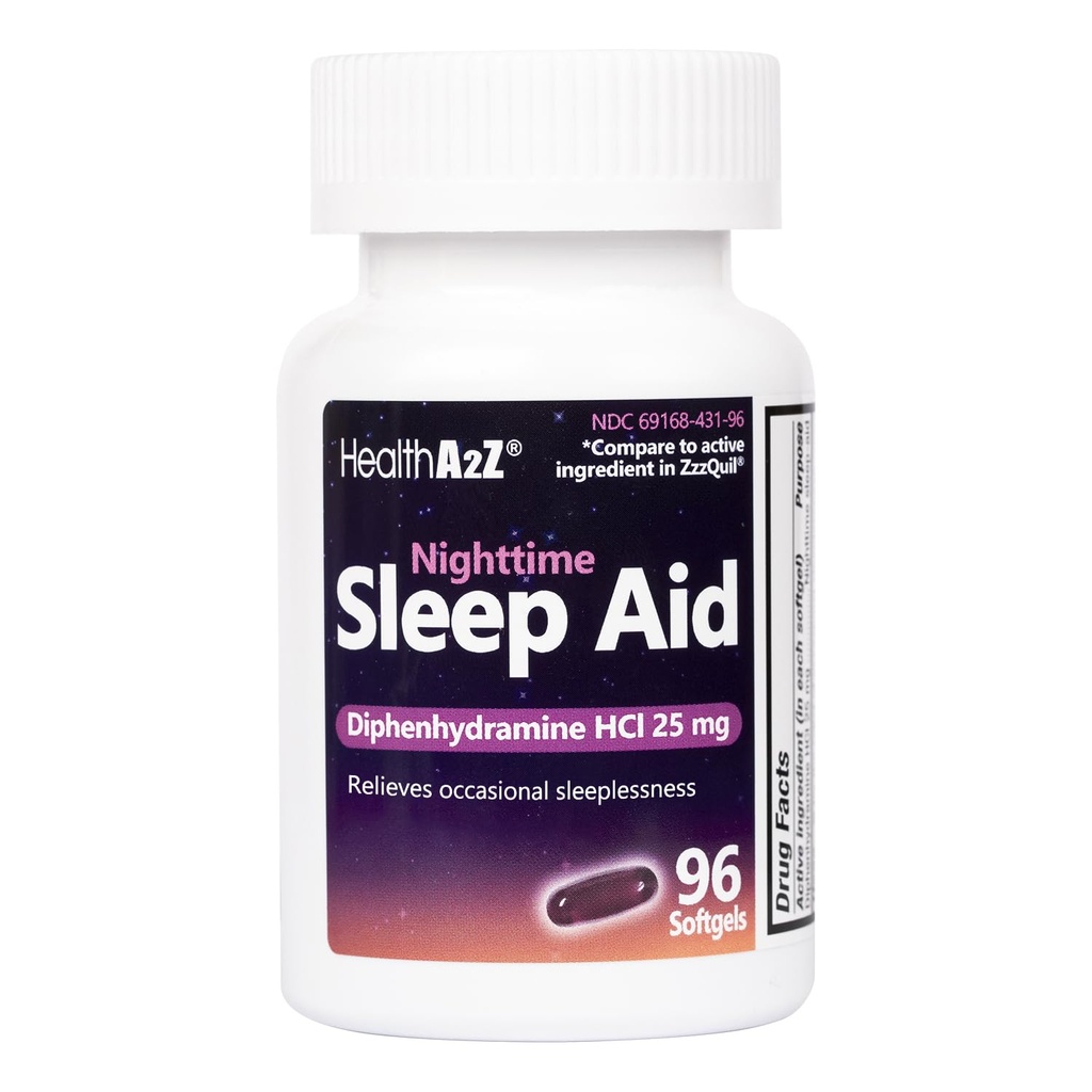healthaA2Z Sleep Aid, Diphenhydramine HCI 25mg Softgels, Suffer Deper, Restful Sleeping, Non Habit-Forming (96 Softgels)