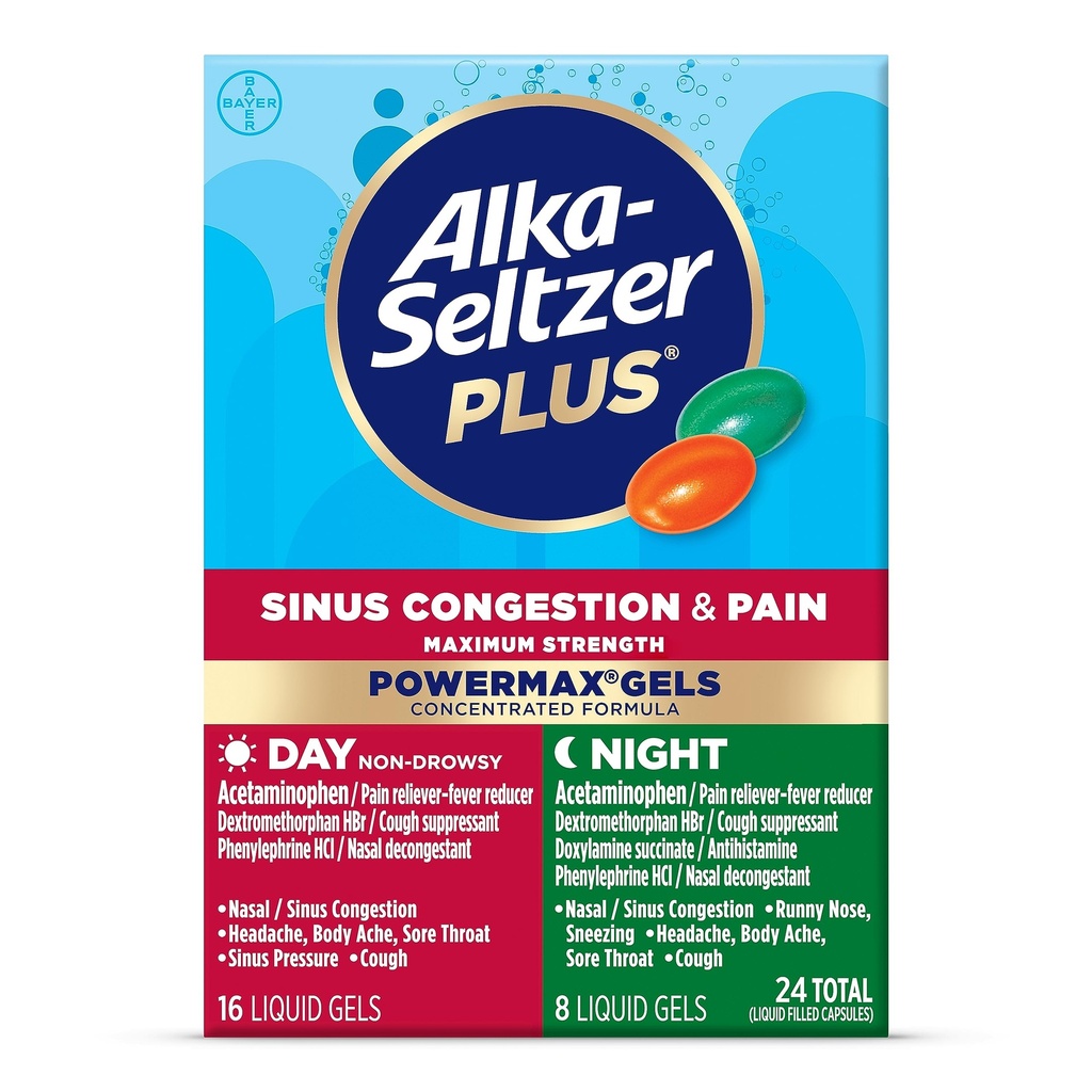 Alka- Seltzer Plus Maksimal Kekuatan PowerMax Sinus Konsultasi & Obat-obatan Rasa Sakit, Hari + Malam Liquid Gels Tahun, 24 Cacah