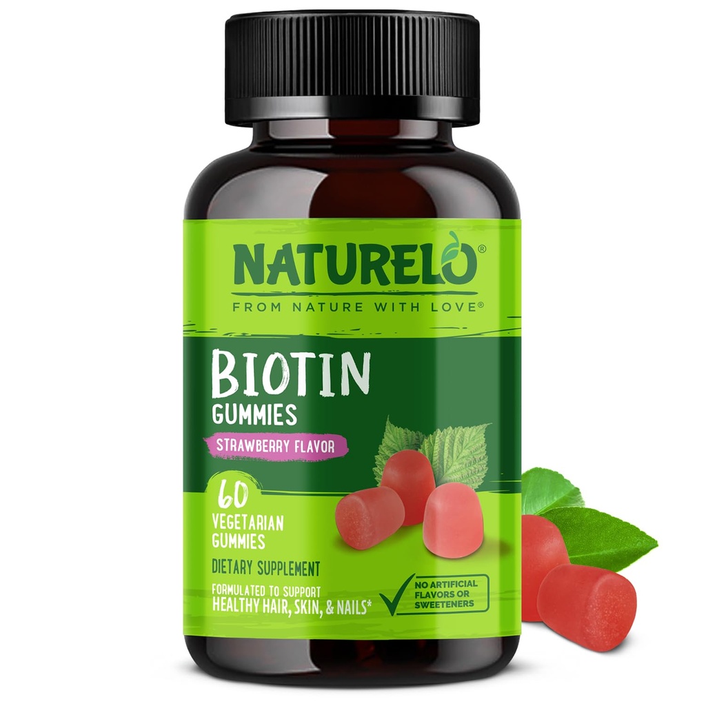 NATURELO Biotin Gummies - Mendukung Rambut Sehat, Kulit & Nails - Potensi 2500 mcg - Non GMO, Gluten Bebas - 60 Gummies