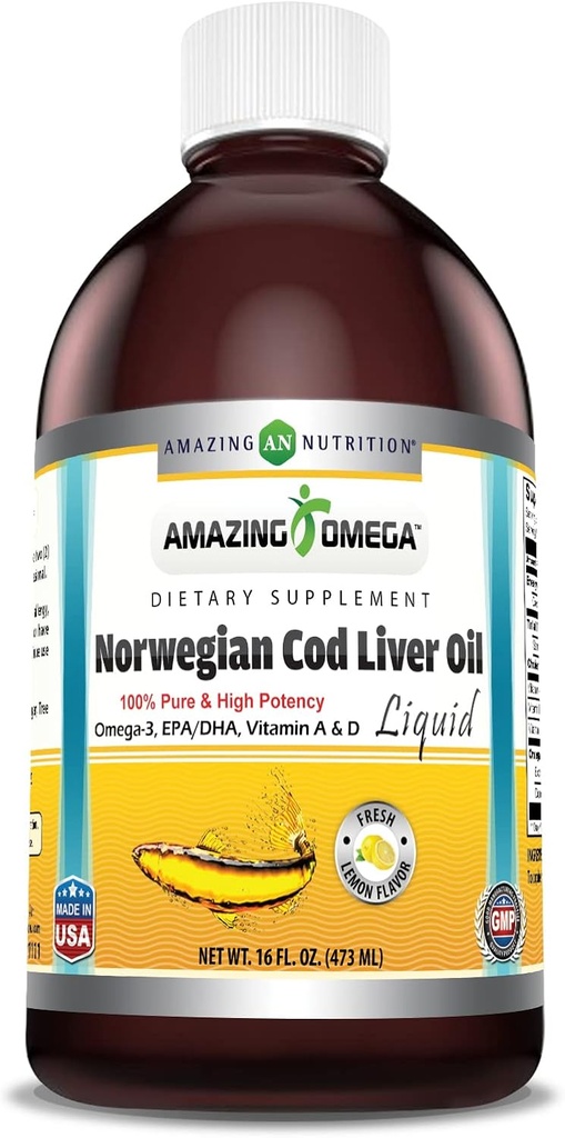 Amazing Omega Norwegia Cod Liver Oil 16 Oz 473 ml Supplemen 124; Lemon Flavor 124; Diekstrak Under Strict Quality Standars dari sekitar The Waters of Norwegia 124; Non-GMO 124; Gluten Free
