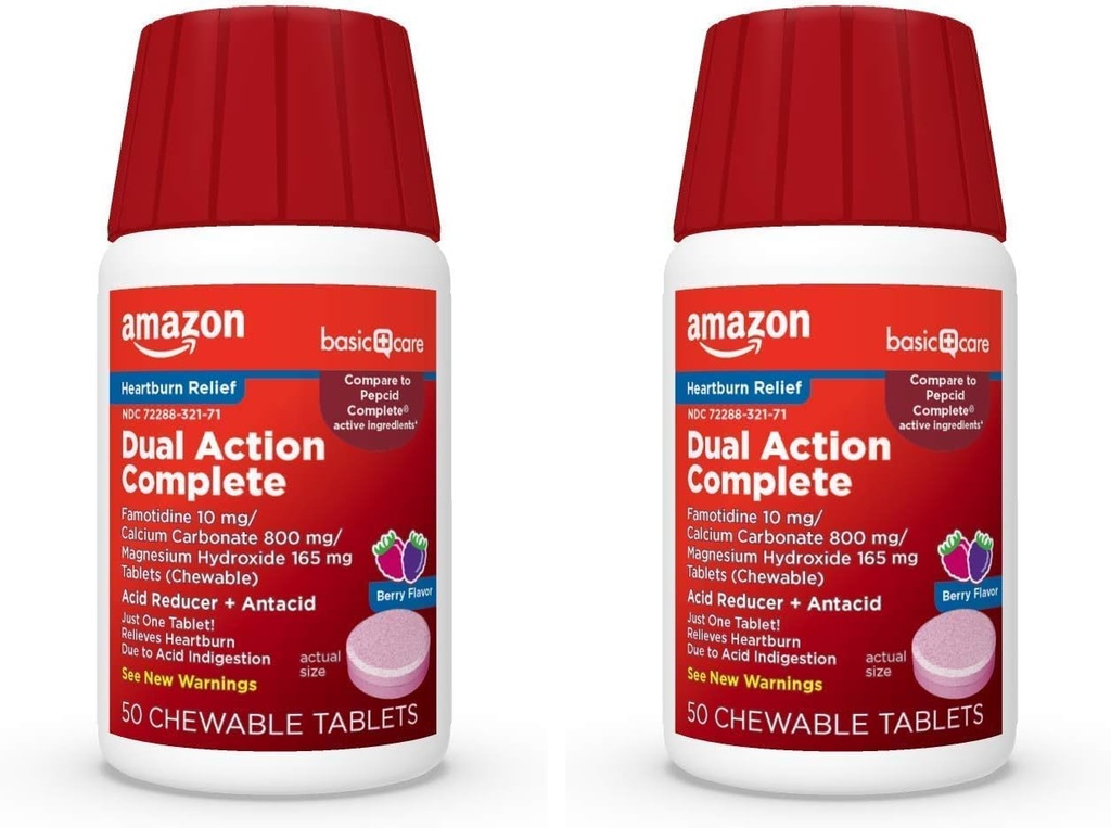 Aksi Dual Basic Care Complete, Reducer Acid Chewable Plus Antax Tablet, Berry Flavor, Heartburn Medicine, Acid Intervention Relief, 50 Count (Paket 2)
