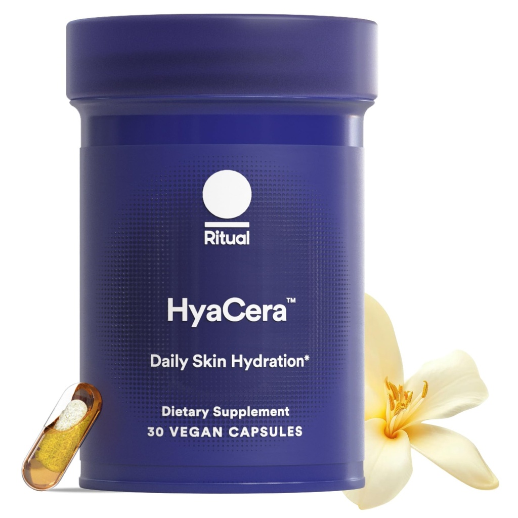 Suplemen HayaCera Skin untuk Wrinkle Support, dengan Hyabest ® dan Ceratiq ® untuk Dukungan Hidration Skin, Acid Hyaluronic, Glycolipids, Ceramides, Gluten Free, Non GMO, vanilla Essence, 30 Hari Supply