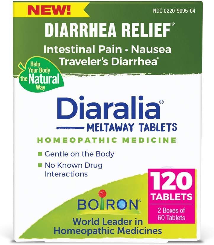 Boiron Diaralia Tablet for Diare Relief, Gas, Bloating, Instinal Pain, and Travler 's Diare - 120 Cacah (2 Paket 60)