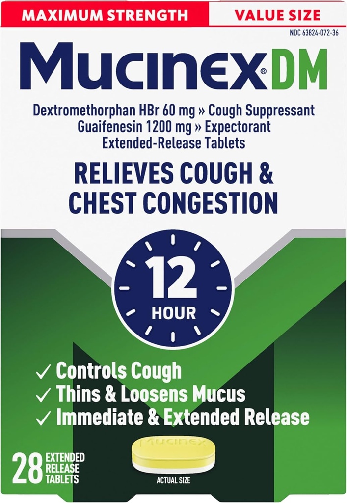 Mucinex Cough Suppresant dan Expectorant, DM Maximum Kekuatan 12 Jam Tablet, 28ct, 1200 mg Guaimfenesin, Relieves Chest Contrable, Quiets Wet and Dry Cough, # 1 Doctor Rekomendaded OTC Expectorant