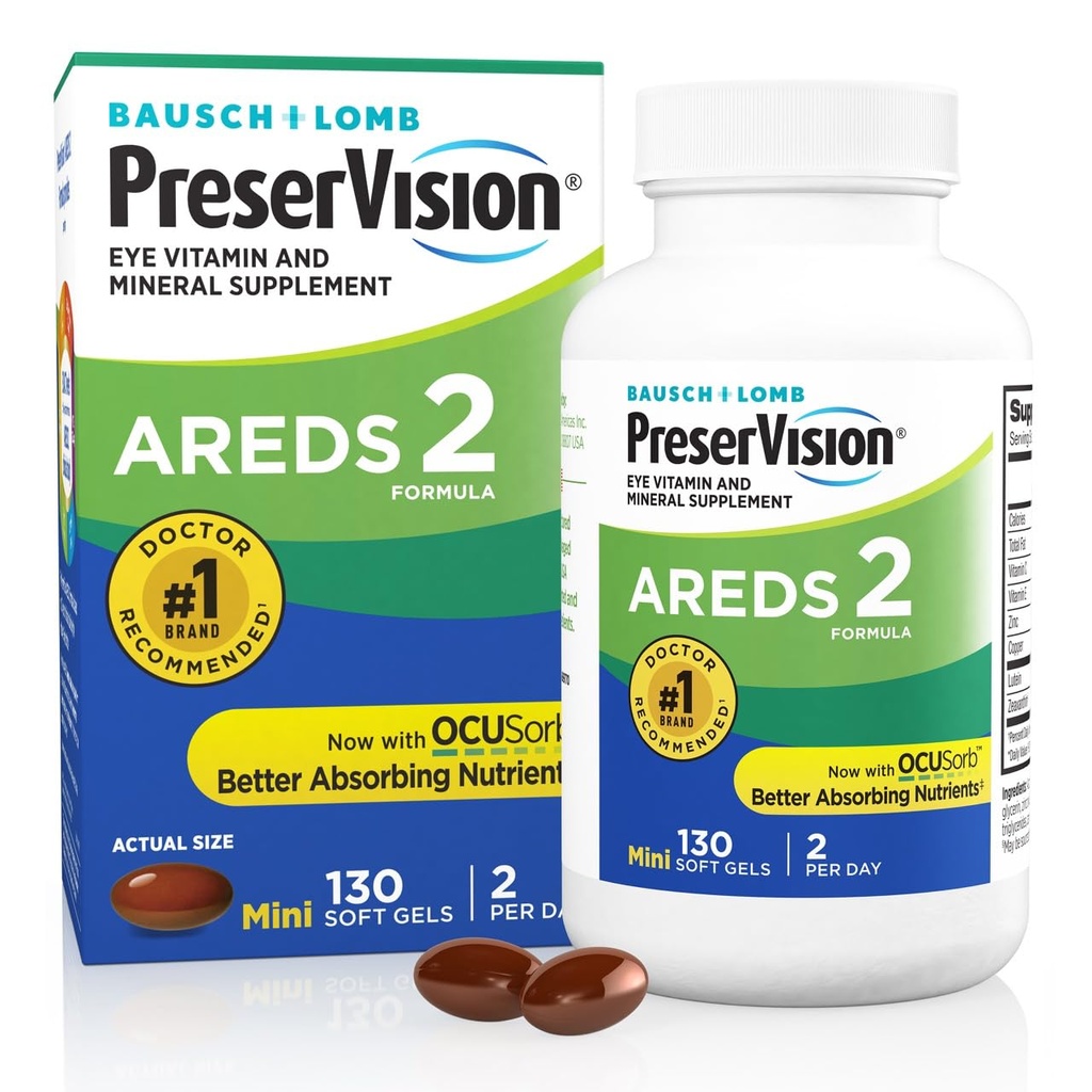 PreserVision AREDS 2 Eye Vitamin, # 1 Dokter Mata Disarankan Brand, Lutein dan Dalxanthin Tambahan dengan Vitamin C, Vitamin E, Zinc, dan Copper, 130 Softgels (Minigels)