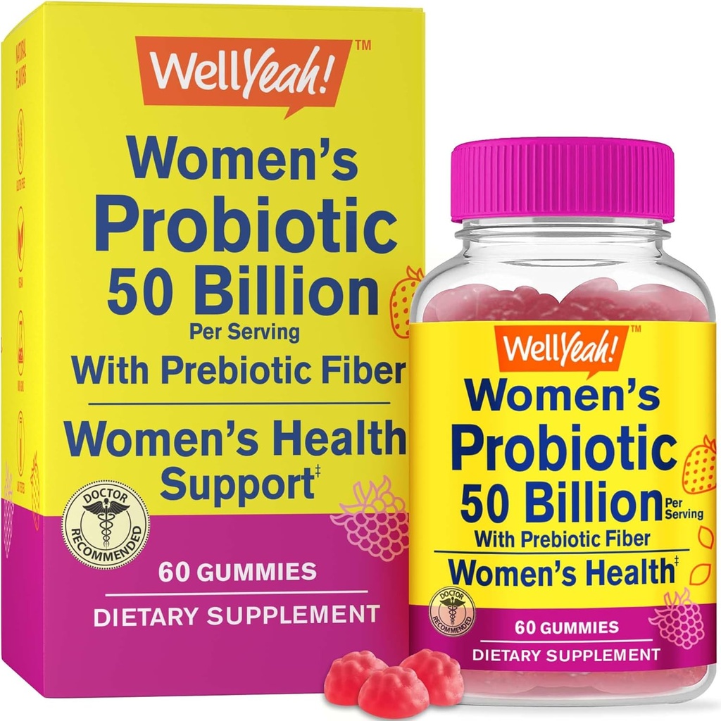 Welly Womens Probiotic 50 Milyar Gummies 12 Strain - dengan Prebiotic Fiber untuk Digetical - Vaginal, Digetical, Imune Support and Gut Health - Shelf Stable Probiotic Gummies - 60 Gummies