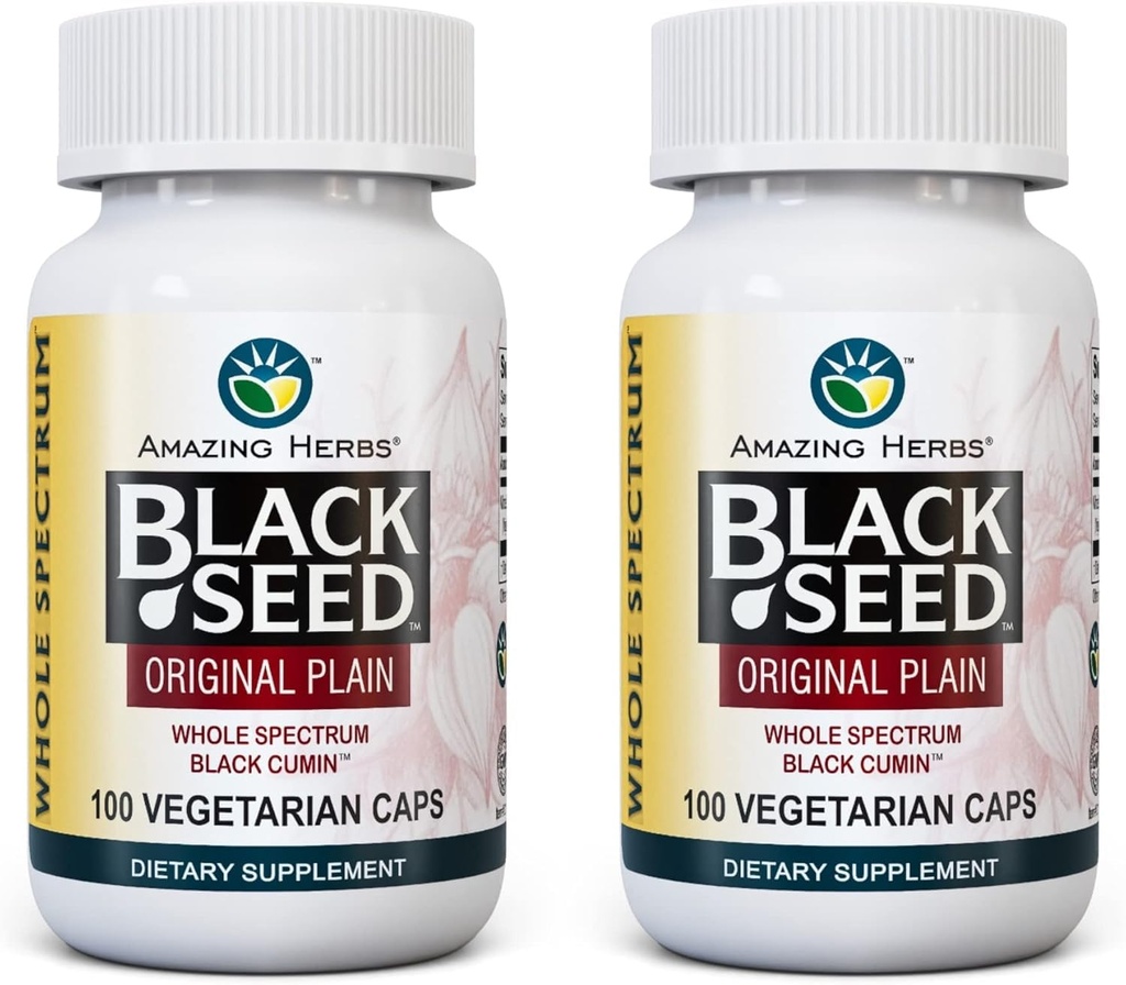 Amazing Herbs Whole Spectrum Black Seed Original Plain, Vegetarian Capsules - Gluten Free, Non GMO, Cold Menekan Nigella Sativa Aids in Digetical Health - 100 Count, 475mg (2- Pack)